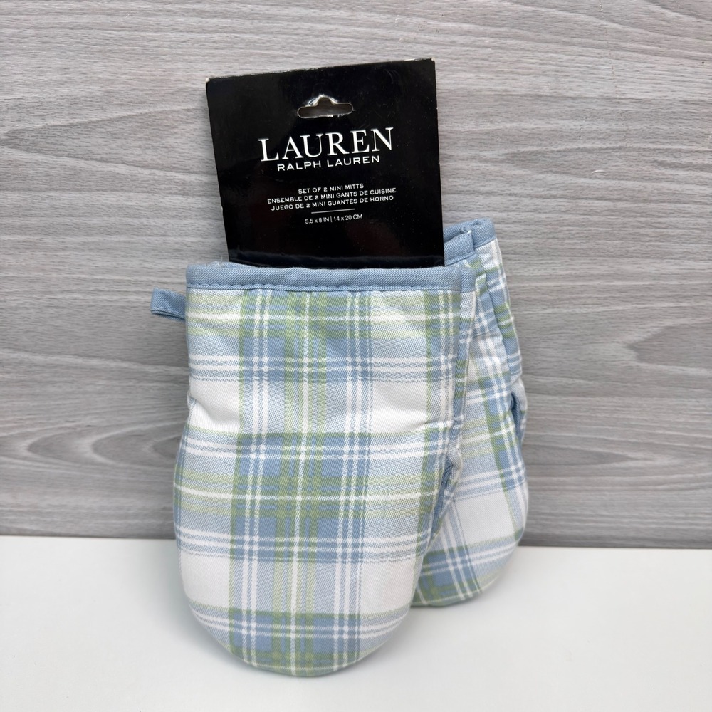 Lauren Ralph Lauren Set of 2 Mini Oven Mitts Blue Green White Plaid 5.5 x 8 IN